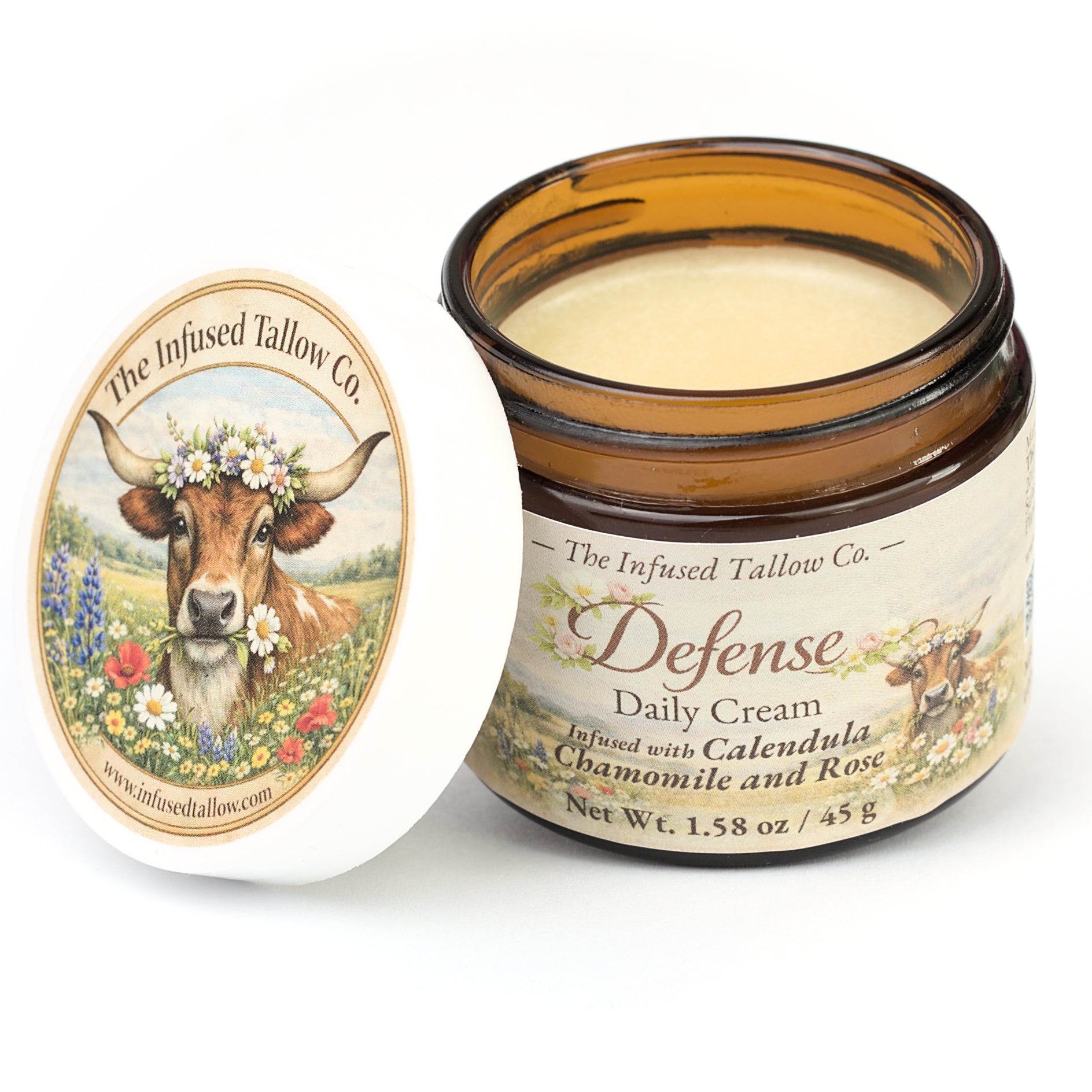 Defense Daily Cream open jar with the cream visible and lid set beside it