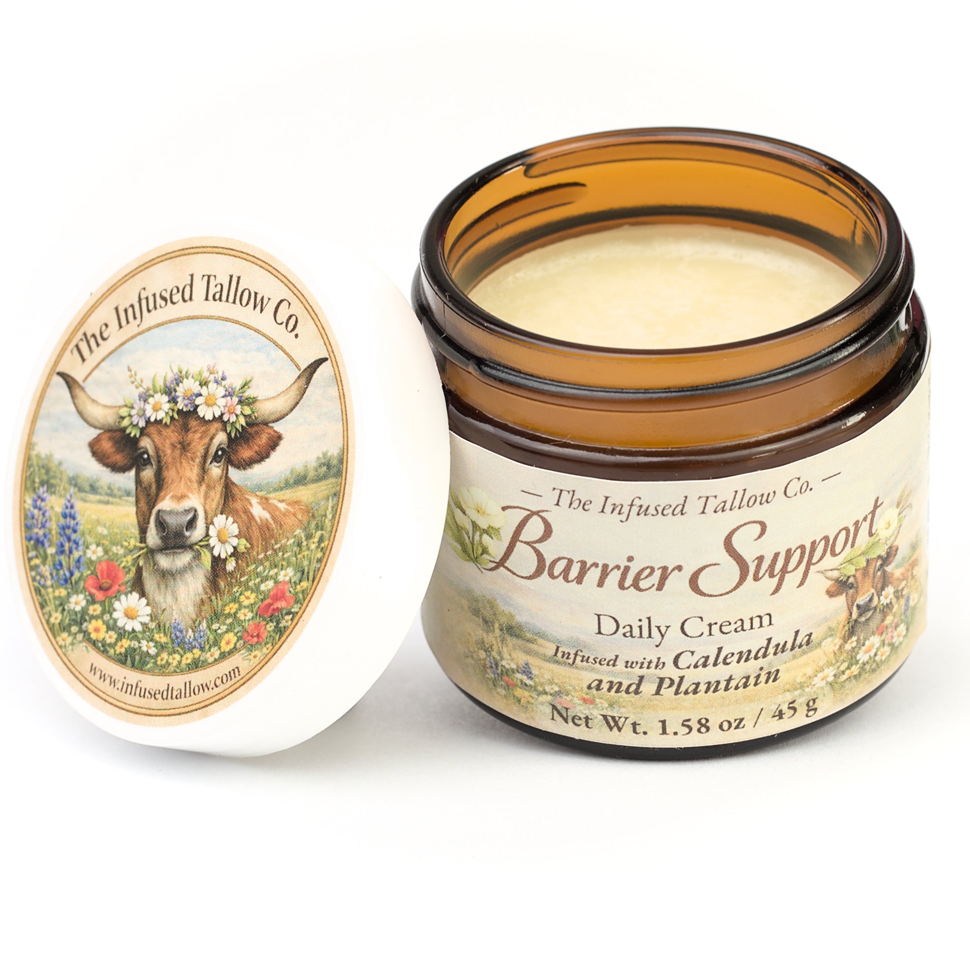 Barrier Support Daily Cream open jar with the cream visible and lid set beside it