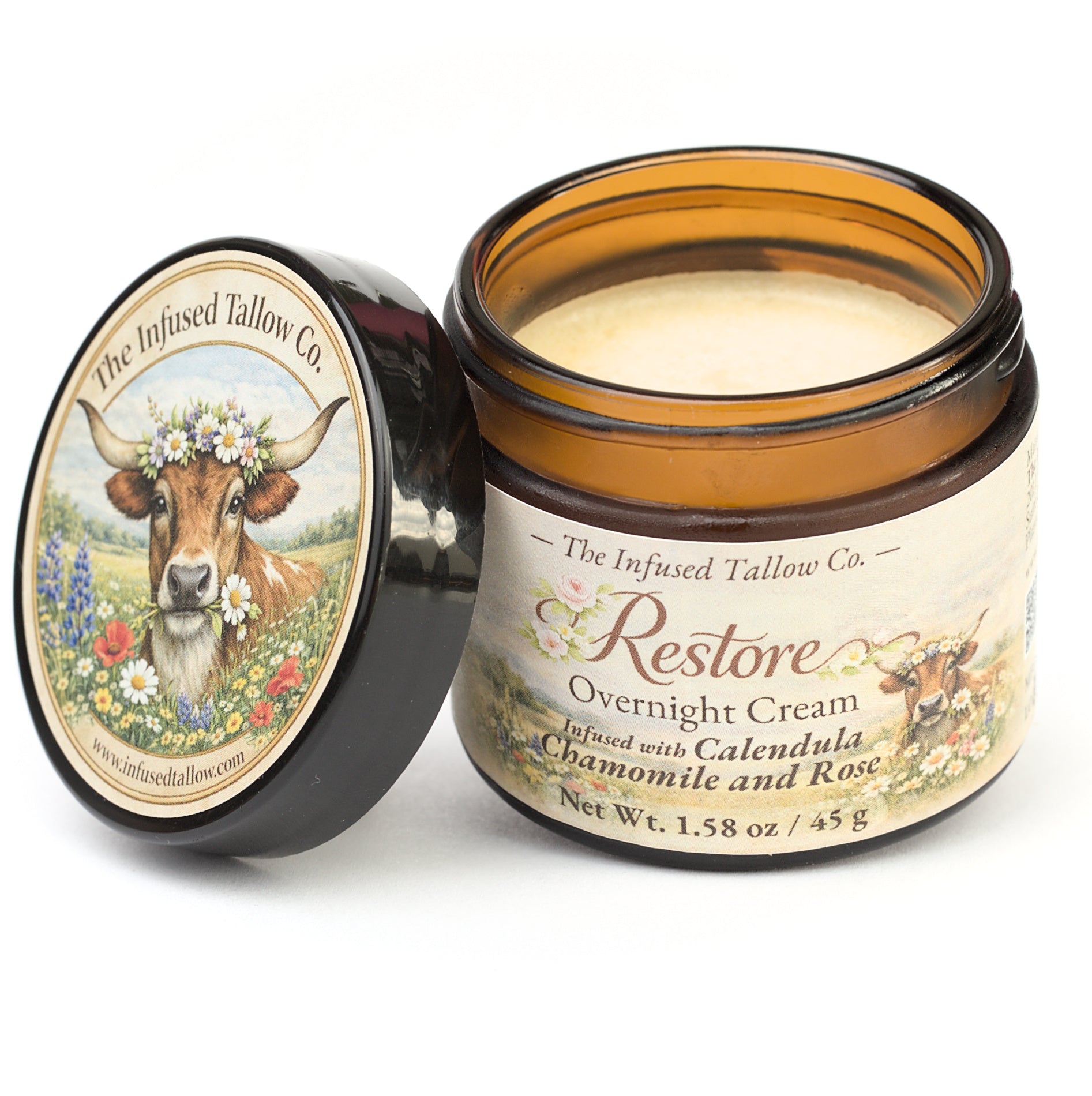 Restore Overnight Cream open jar with the cream visible and lid set beside it