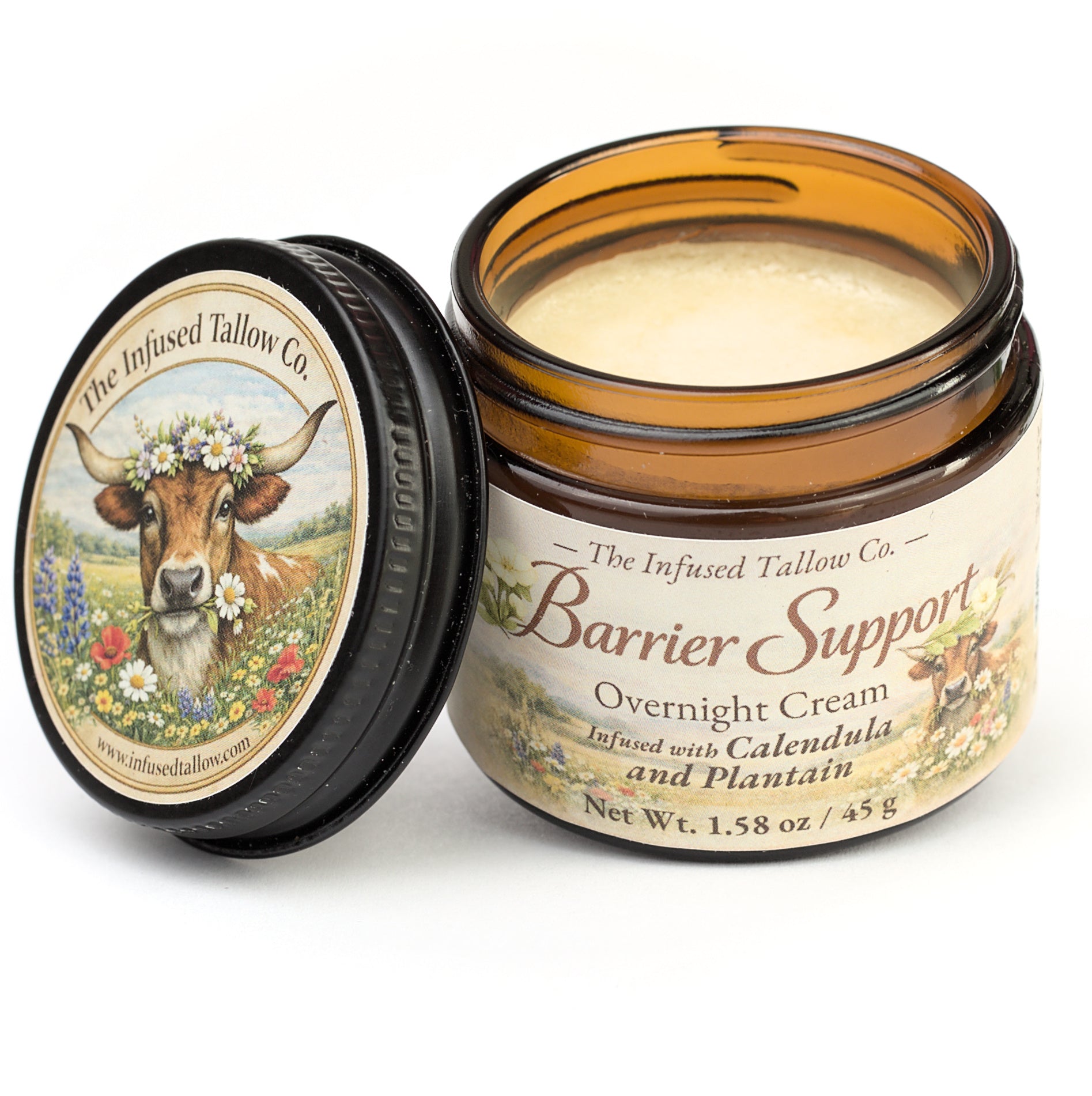 Barrier Support Overnight Cream open jar with the cream visible and lid set beside it